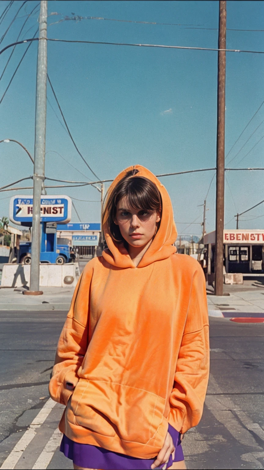 ultra detail, 8k portrait ((long shot full body photography)) ((best quality)), ((masterpiece)), (detailed), perfect beautiful face ,25 yo beautiful women ((orange color oversized_hoodie_e)) ((hoodie:1.5)), wear ((purple tennis skirt)), ((perfect natural breast)) perfect face, perfectly eyes, perfect lips, black bob hairstyles ,found footage, retro, 90's, old photo, photo noise, old photo, retro, masterpiece, raw photo, film photo, old, noisy photo, in front of the camera, casual photo, grain photo, in front of the camera, VHS footage, VHS look, chromatic aberration( low chromatic aberration), film footage, grainy photo, dirty photo, posing, retro photo, vintage photo, old, 90's, ((background at old 80's gas station California)),palm trees, blue sky, summer, los angles vibes, film by ((Wes Anderson style effect color)), 800mm lens,style of Philip Lorca diCorcia