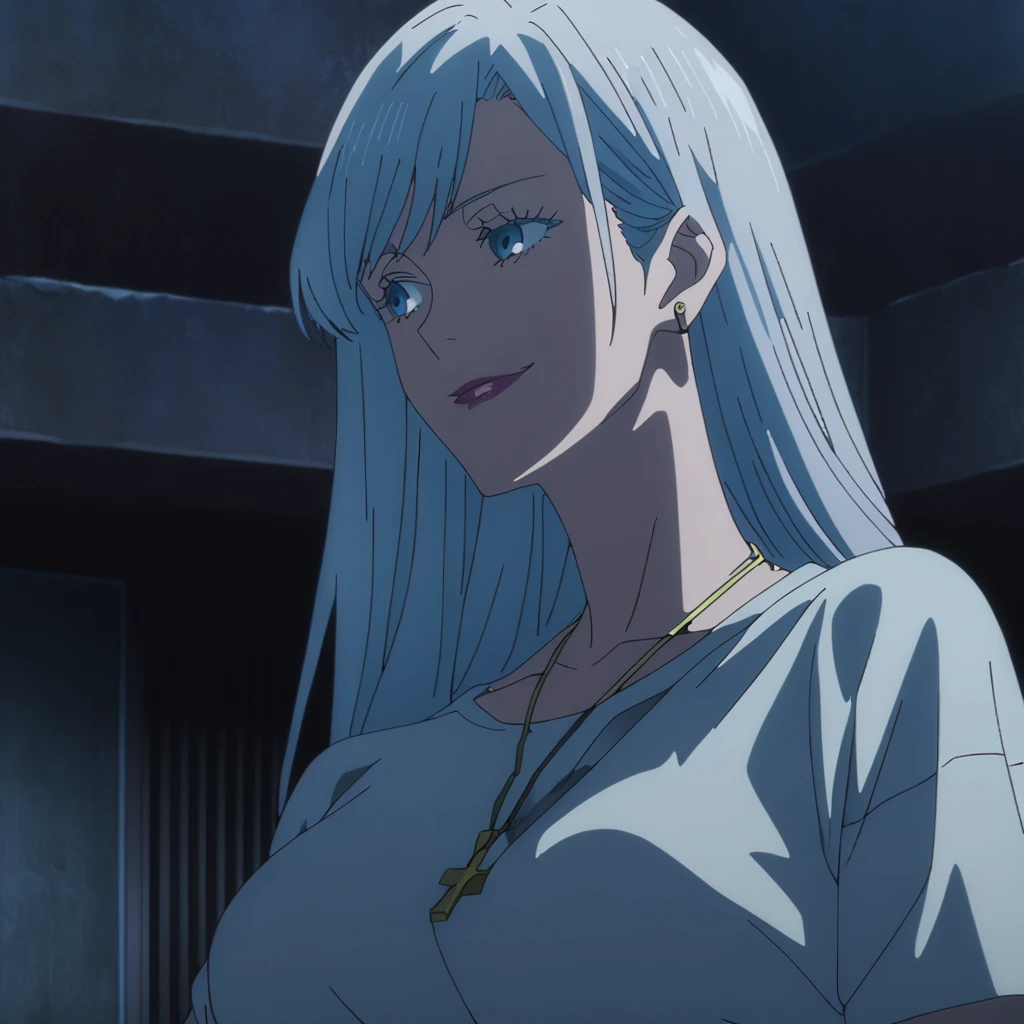 1girl, female gojo satoru, anime screencap from jujutsu kaisen, gojo satoru female version, solo, long_hair, Blue eyes ((Silver_hair)), night view, breasts, upper_body, smile, indoors, book, bangs, blue_eyes, lips, (swept bangs) ((wearing oversized t shirt)) breast, "very detailed and high resolution" (Blue eyes) ((cross arms))  ((long hair)) ((solo)) (front view) (earings) (necklace)