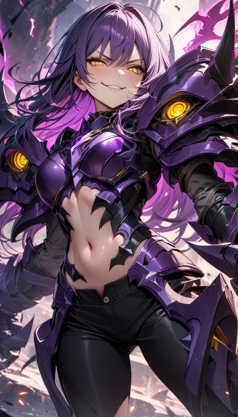 Adult girl, long purple hair, yellow eyes, multi-colored eyes, black pants, purple armor elements, battle claws, dark magic, smirk, open belly, Masterpiece, best quality, Full HD, 8k, ultra details, great graphic