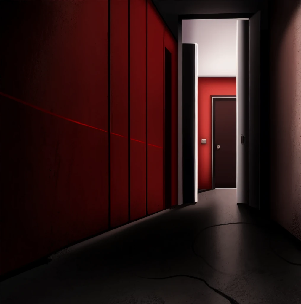Basement, red walls, black floors