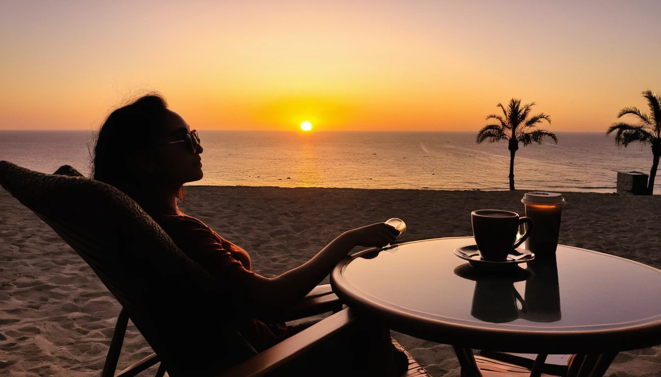 Arafif sits in a chair、A coffee cup is placed on the table, ビーチのWatching the sunset, 浜辺でWatching the sunset少女, relax time. Nice view, Watching the sunset, Santa Monica, Sunset view, Palm palm,Watching the beautiful sunset, Warm and beautiful scenery, Relaxed atmosphere, Set the Date, With the sunset, sunsettime, Watching the sunset, As the sun sets