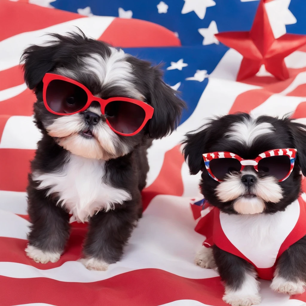 2 Adorable small black Shih Tzu puppies wearing sunglasses fourth of July picnic fireworks red white and blue background Pixar 3D cartoon