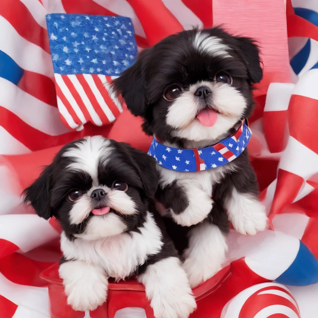 2 Adorable small black Shih Tzu puppies wearing sunglasses fourth of July picnic fireworks red white and blue background Pixar 3D cartoon