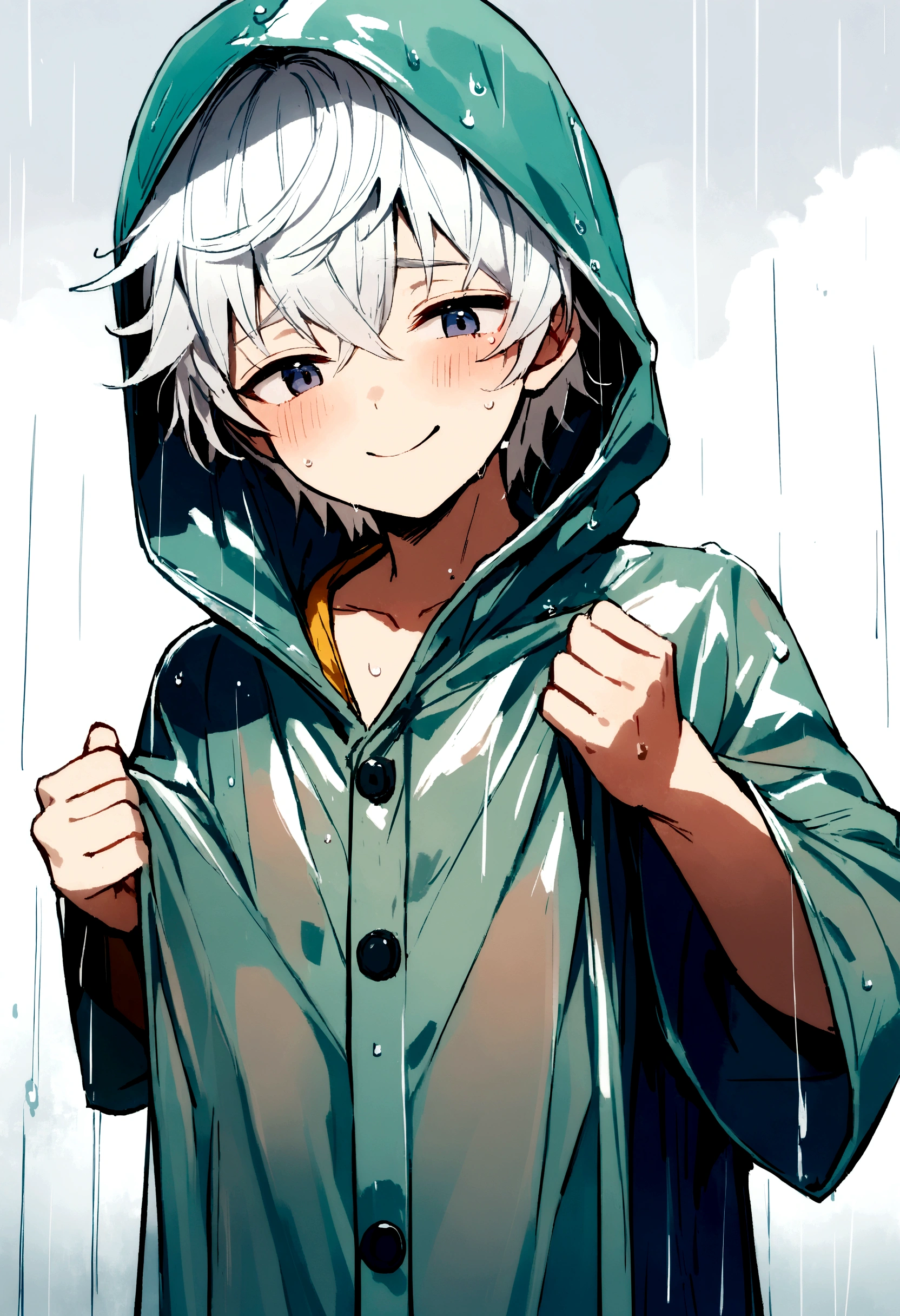 1 boy, white hair, Cute face, summer rainy season raining, wearing a raincoat