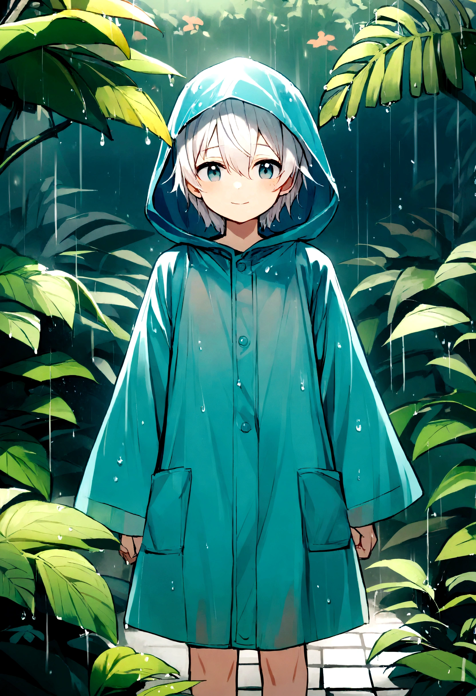 1 boy, white hair, Cute face, summer rainy season raining, wearing a raincoat