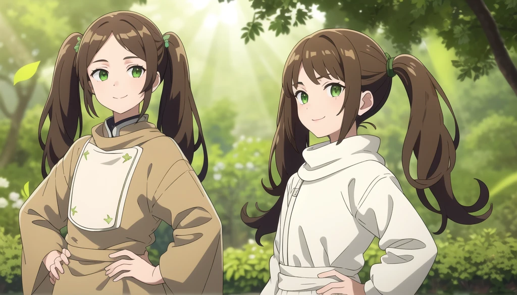 8K, best quality, masterpiece, (ultra-detailed:1.1), (high detailed skin),white background, standing, looking at viewer, 独奏, hand on hip, 
fll, twintails, 1girl，Brown long hair，Green eyes，little girl，Short height，Dark green windbreaker，Flowing scarf，avatar，Smile，Flip hair，blur background，（（Brown hair）），Sunlight，Beautiful lighting of the garden green leaves background，Character edge light and shadow，Super photography，Superb atmosphere
( good hands, nice hands:0.5), 
(beautiful_face), ((intricate_detail)), clear face, 
((finely_detailed)), fine_fabric_emphasis, 