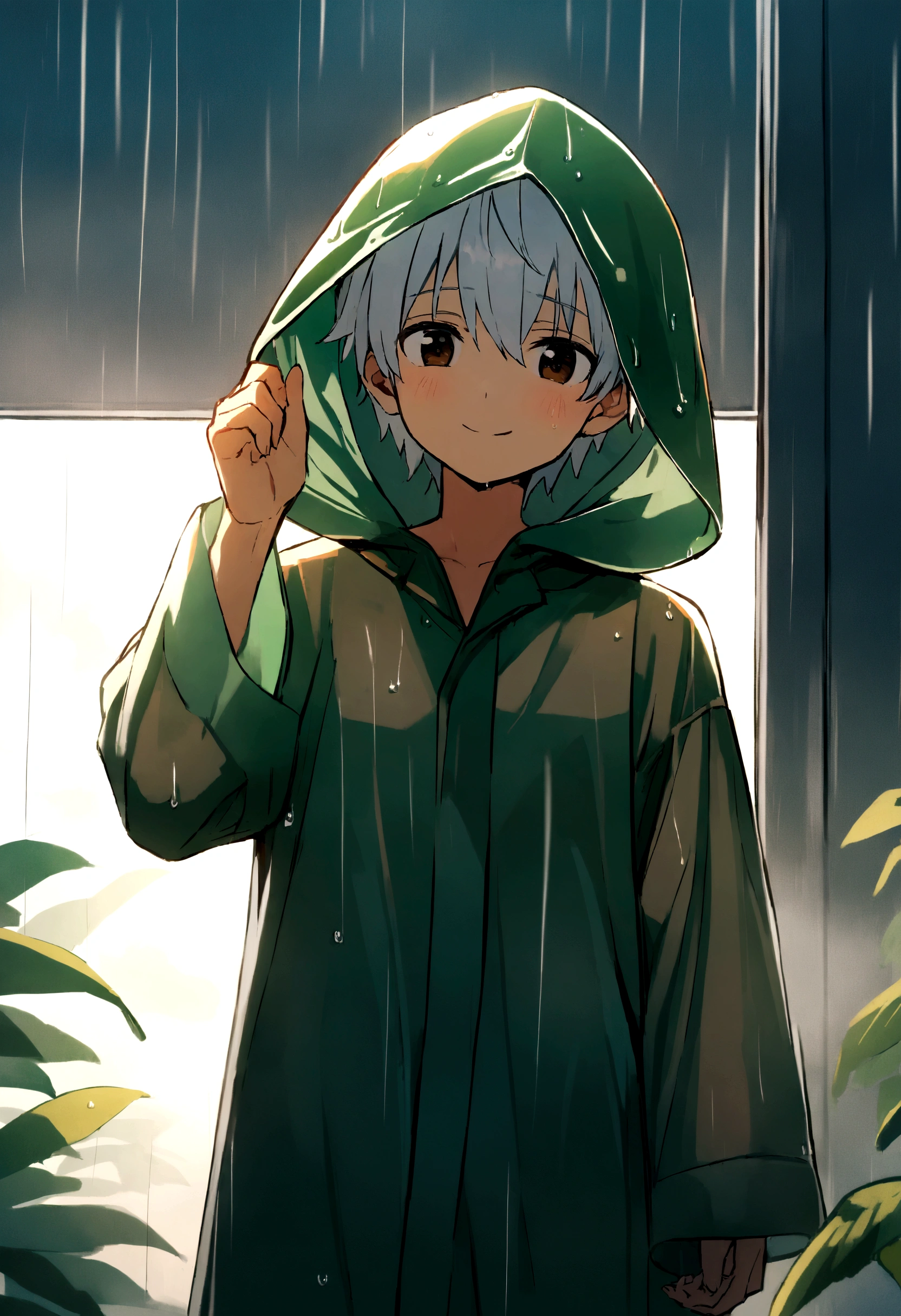 1 boy, white hair, Cute face, summer rainy season raining, wearing a raincoat