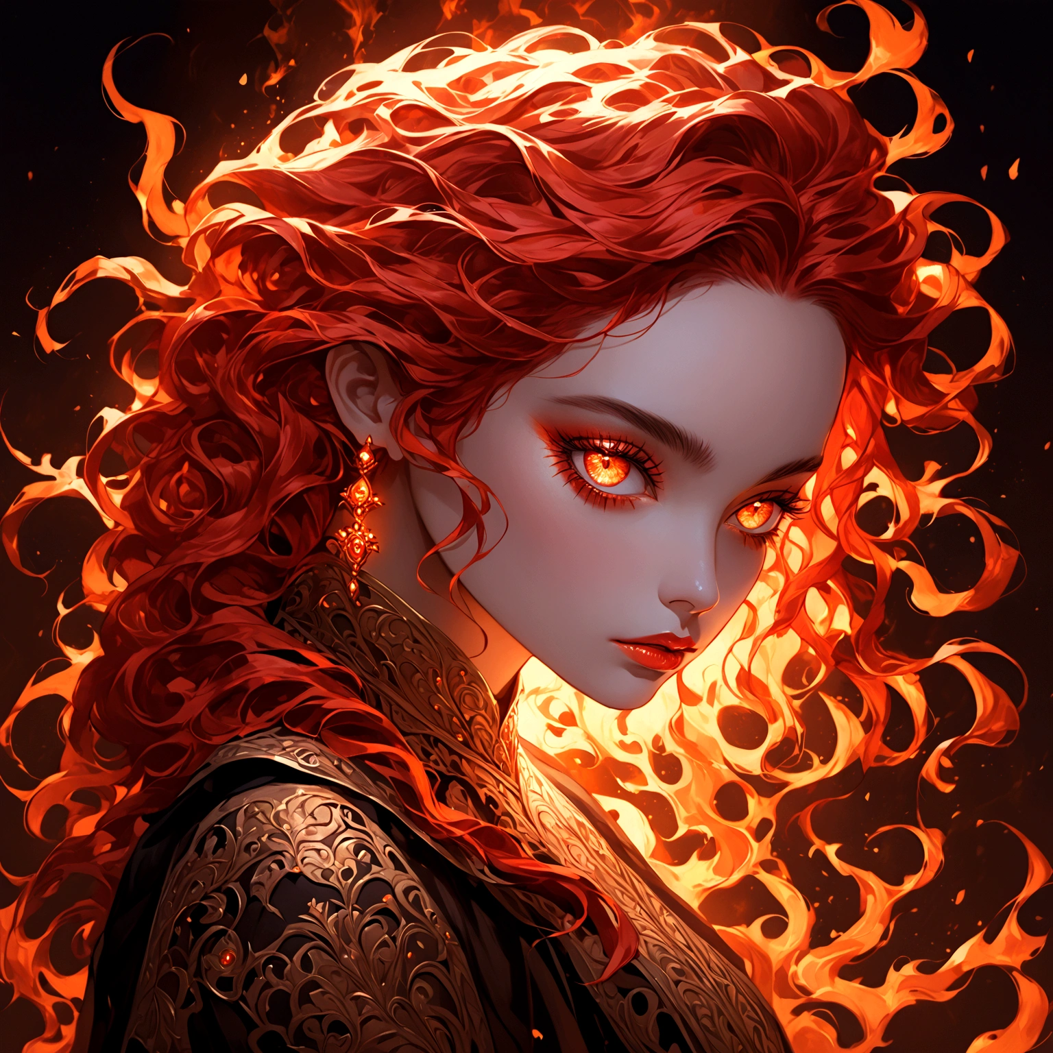 masterpiece, best quality, 1girl, solo, red hair, fiery hair, white eyes, extremely detailed eyes and face, beautiful detailed lips, longeyelashes, fantasy portrait, dramatic lighting, glowing, dramatic pose, mystical, ethereal, dramatic colors, warm color palette