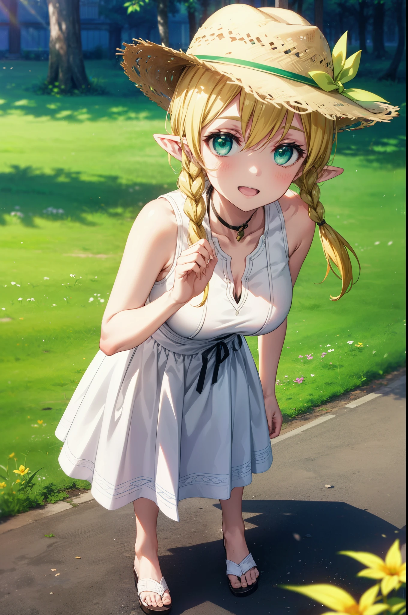 Suguhakirigaya, Suguhakirigaya, Long Hair,Blonde,Green Eyes,Pointy Ears,Short braids,,happy smile, smile, Open your mouth,Big Breasts,White straw hat,White sleeveless dress, bare arms,Green long skirt,Cute Sandals,Are standing,Clear skies,whole bodyがイラストに入るように,
break outdoors, nature, forest,
break looking at viewer, whole body,
break (masterpiece:1.2), Highest quality, High resolution, unity 8k wallpaper, (shape:0.8), (Beautiful attention to detail:1.6), Highly detailed face, Perfect lighting, Extremely detailed CG, (Perfect hands, Perfect Anatomy),