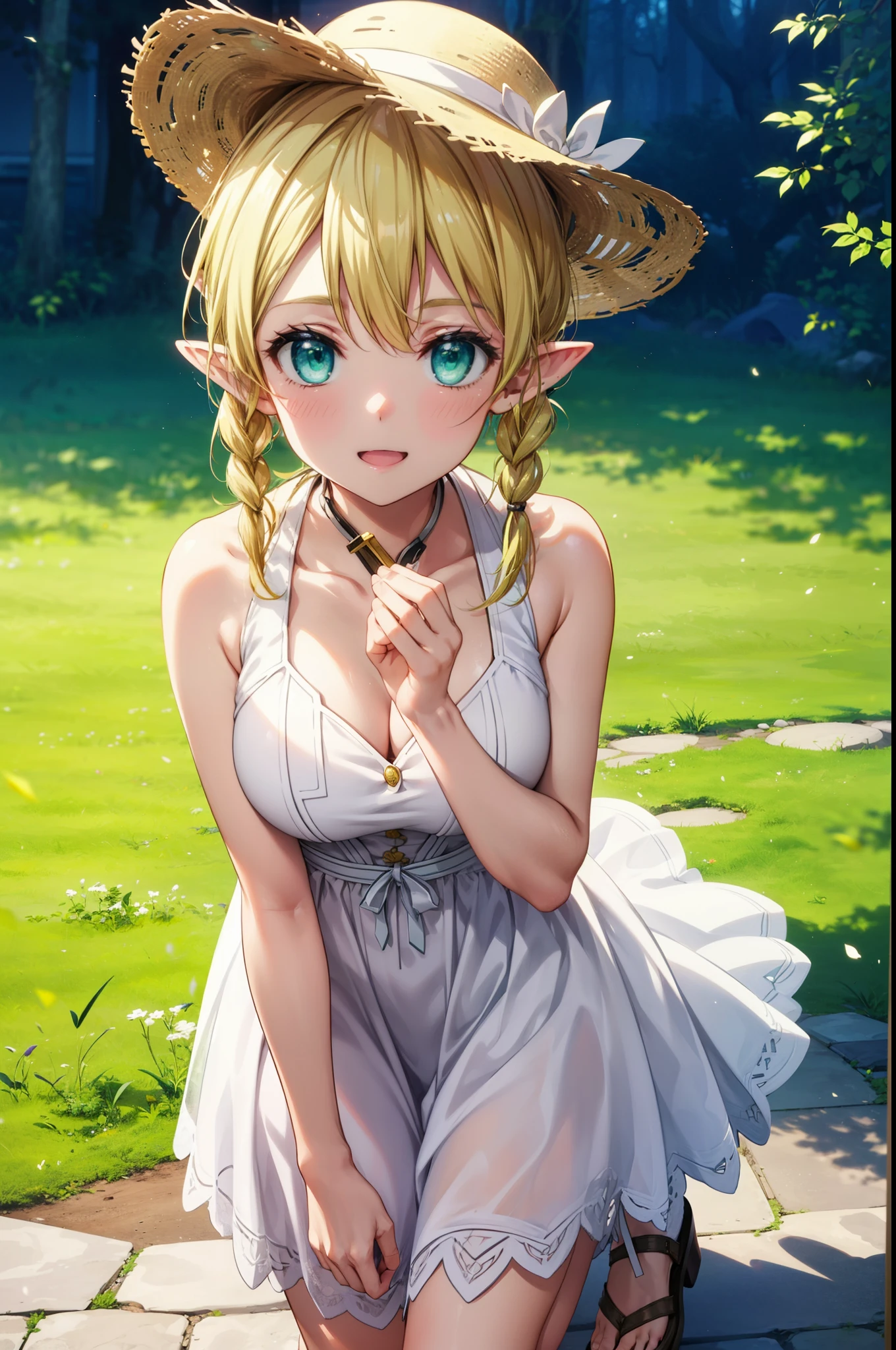 Suguhakirigaya, Suguhakirigaya, Long Hair,Blonde,Green Eyes,Pointy Ears,Short braids,,happy smile, smile, Open your mouth,Big Breasts,White straw hat,White sleeveless dress, bare arms,Green long skirt,Cute Sandals,Are standing,Clear skies,whole bodyがイラストに入るように,
break outdoors, nature, forest,
break looking at viewer, whole body,
break (masterpiece:1.2), Highest quality, High resolution, unity 8k wallpaper, (shape:0.8), (Beautiful attention to detail:1.6), Highly detailed face, Perfect lighting, Extremely detailed CG, (Perfect hands, Perfect Anatomy),