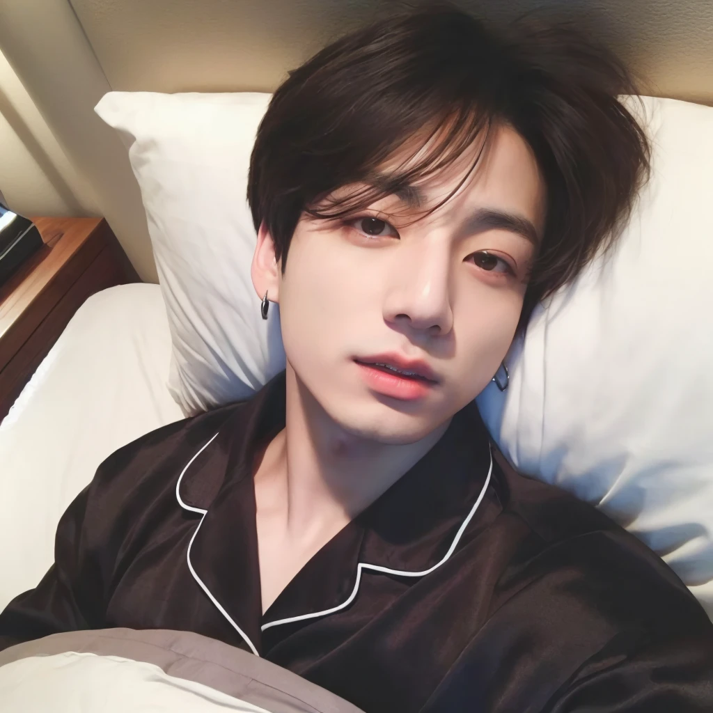 arafed asian man lying on the bed with a pillow and a pillow, jungkook, BTS group, kpop idol portrait, realism artistic style, beautiful androgynous prince, BTS, delicate androgynous prince, inspired by jungkook jeon young pale angel