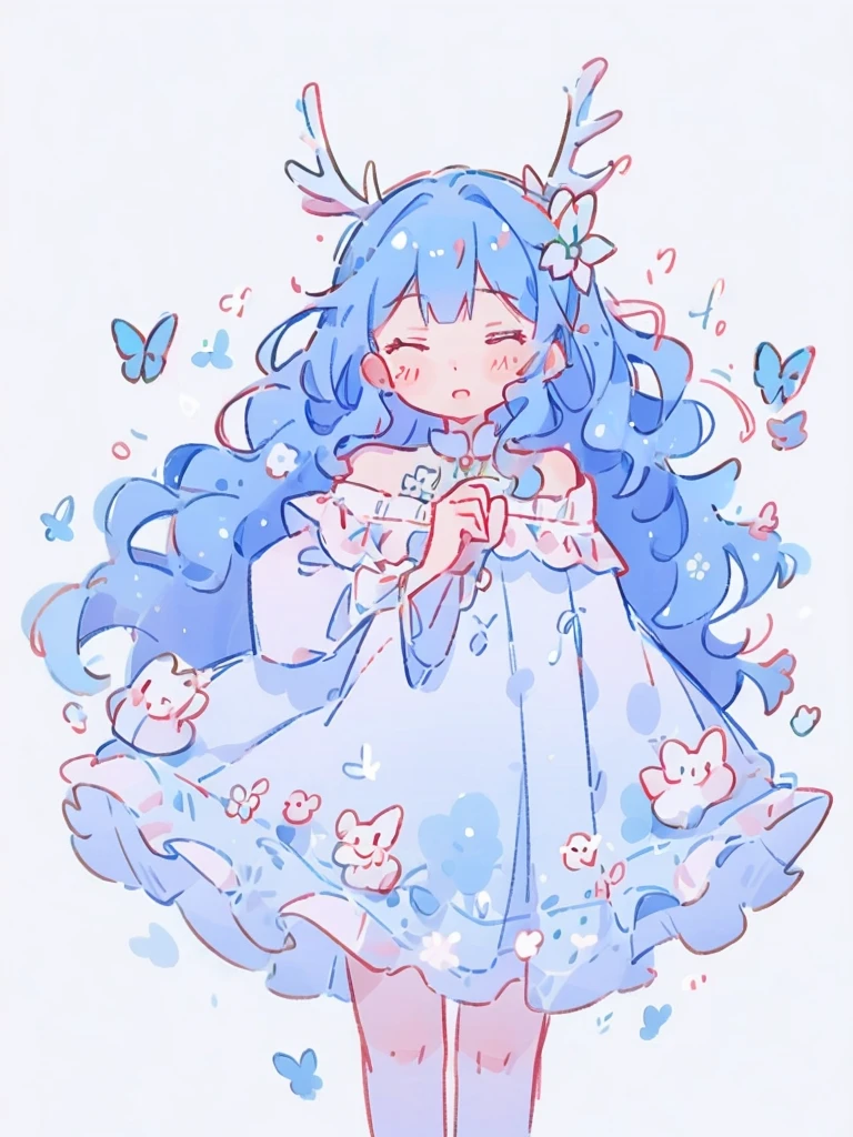 1girl, long wavy blue hair, deer ears, white deer antlers, butterfly hair ornament, blue flower, elegant white off shoulder dress, teaseful expression, splash background, solo, sketch, portrait, simple background