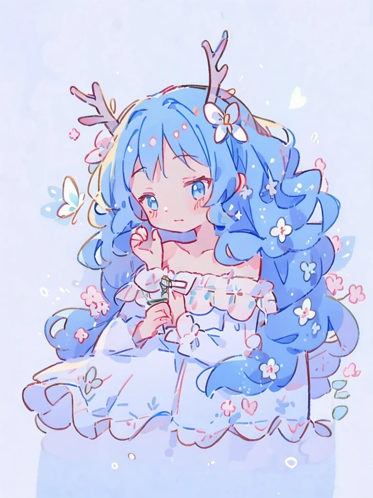 1girl, long wavy blue hair, deer ears, white deer antlers, butterfly hair ornament, blue flower, elegant white off shoulder dress, teaseful expression, splash background, solo, sketch, portrait, simple background
