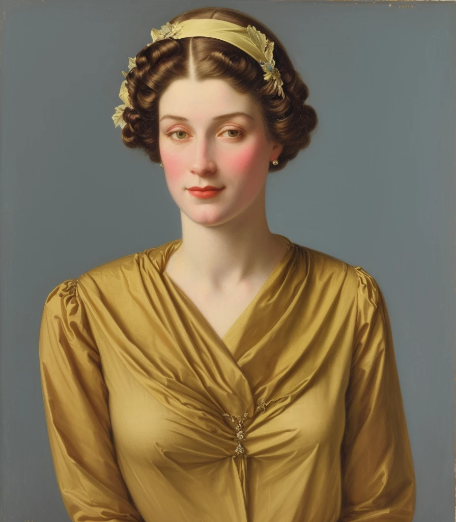 há uma mulher com bobes na cabeça e um vestido, inspirado em Jean-Étienne Liotard, inspirado em Cindy Sherman, retrato sem nudez vestido, retrato no estilo craola, inspirado em Henry Raeburn, no estilo de Norman Rockwell, inspirado por Henriette Wyeth, retrato da parte superior do corpo, inspirado em Constance Gordon-Cumming