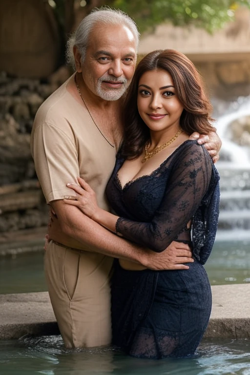 Day scene,kajal and Oldman, Indian black old man, couple pose, a Oldman and kajal in under the water fall, black lace bra and saree, detailed old man, old man gripping kajal waist,big cheeks, curvy, Hollywood lips, wet navel, deep cleavage, necklace, erotic face, 36 yo, ponytail, look at viewer and smile, (cinematic:1.3), intricate details, (ArtStation:1.2),Oldman and beautiful girl posing to viewers, detailed Oldman, old man waist gripping, romantic pose,