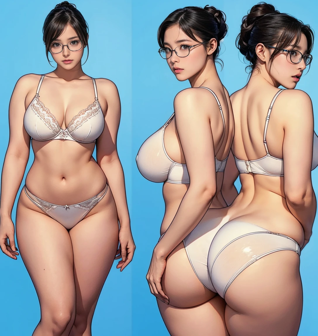 ((masterpiece)),(((highest quality))),((Reference Sheet, Character Design, in front, looking at the viewer , girl with glasses nude, ~ ~ viendo al espectador, Mr..々Hairstyle, Mr..々Performance, Facial Expressions)), 30-year-old girl in panties white, Cute type, (curvy:1.4), (normal ass:1.4), Realistic buttocks, Big Breasts, big , normal thighs, Long legs, It's not a big deal, ((High quality fabric, topples, no panties )), ((bra:1.0)) en una oficina escolar