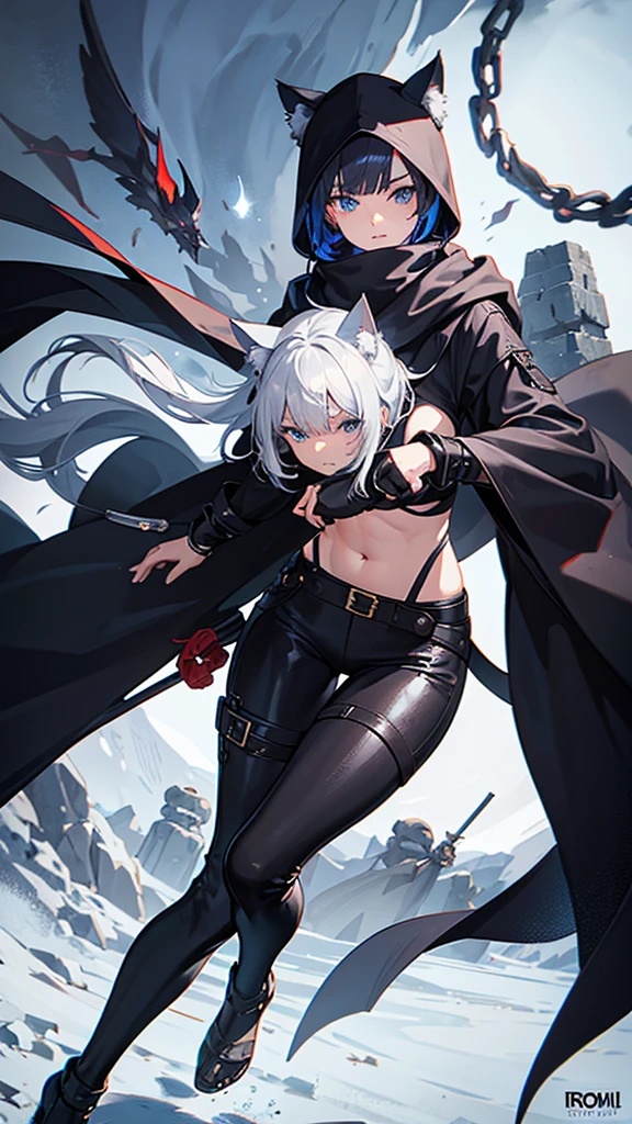 work of art, best qualityer, high resolution, 1 girl, synonym 1, scarf, short hair, mitts, ninja mask, long sleeves, leather pants, White hair, Cat's ears, cat tail, Rougue clothes, leather pants, holding, holding faca, bangs over one eye, bangs covering one eye, blue eyes, 14 eyes old, hooded cloak, rogue rpg, rpg, ninja, ruins, medioval