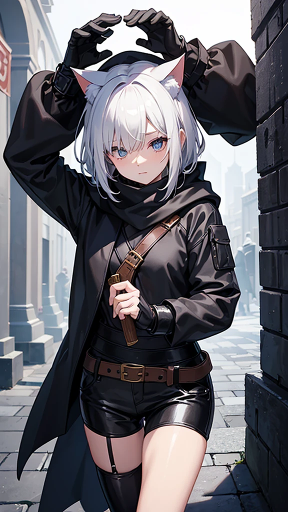 work of art, best qualityer, high resolution, 1 girl, synonym 1, scarf, short hair, mitts, ninja mask, long sleeves, leather pants, White hair, Cat's ears, cat tail, Rougue clothes, leather pants, holding, holding faca, bangs over one eye, bangs covering one eye, blue eyes, 14 eyes old, hooded cloak, rogue rpg, rpg, ninja, ruins, medioval