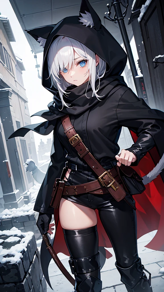 work of art, best qualityer, high resolution, 1 girl, synonym 1, scarf, short hair, mitts, ninja mask, long sleeves, leather pants, White hair, Cat's ears, cat tail, Rougue clothes, leather pants, holding, holding faca, bangs over one eye, bangs covering one eye, blue eyes, 14 eyes old, hooded cloak, rogue rpg, rpg, ninja, ruins, medioval