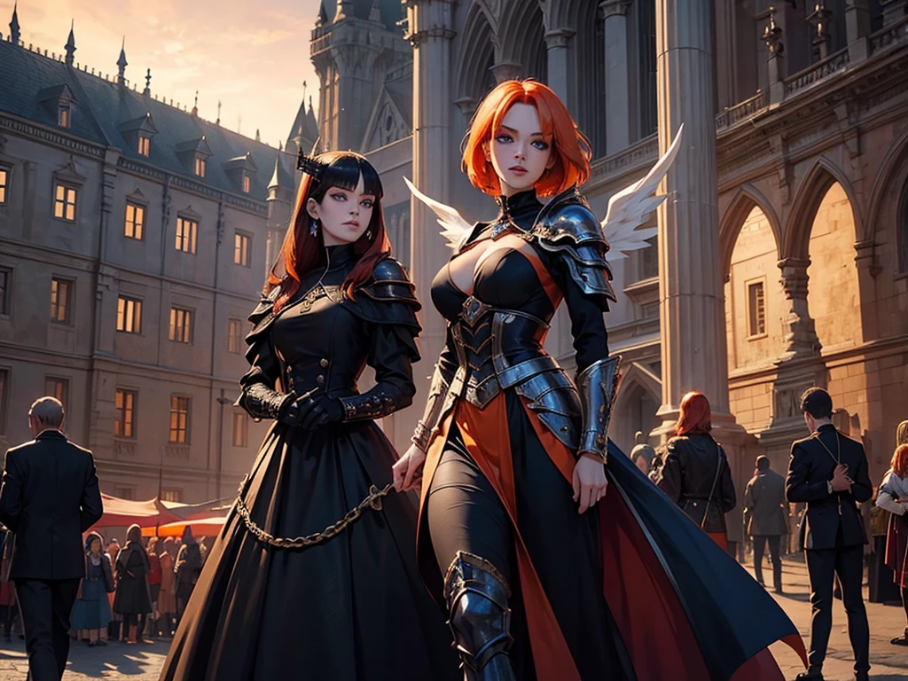 A beautiful and wonderful vampire woman, extremely detailed, short orange hair, wearing extremely detailed gothic armor, blue eyes in medieval public square, palace, crepúsculo, 8k, linda, angel, asas de aço, sacerdotisa, crepúsculo, entardecer, vampira,