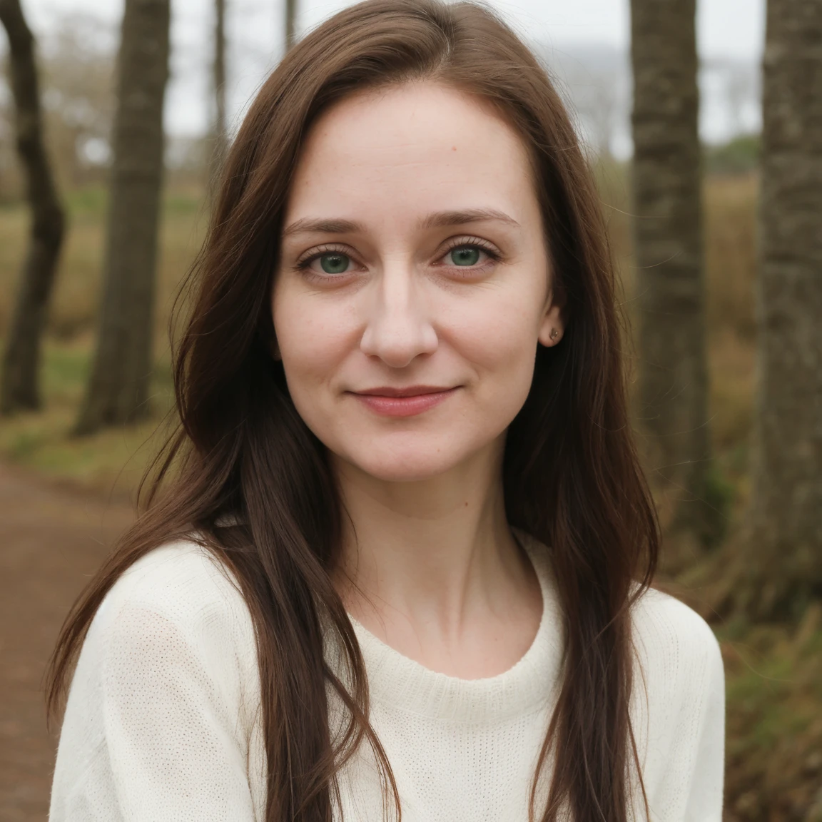 1 girl, solo, Caucasian, Young Woman, photorealistic, RAW image, (Photo of Amalia Fuentes and Patricia Clarkson combined), name is Mako, (((40 years old woman))), (((Green eyes))), (((Brunette hair))), ((long hair)), (((full body))), ((close Shot)), (((slim body))), ((wearing black leggings)) and (((white sweater)), (at the trail in Ireland), smirk, random pose