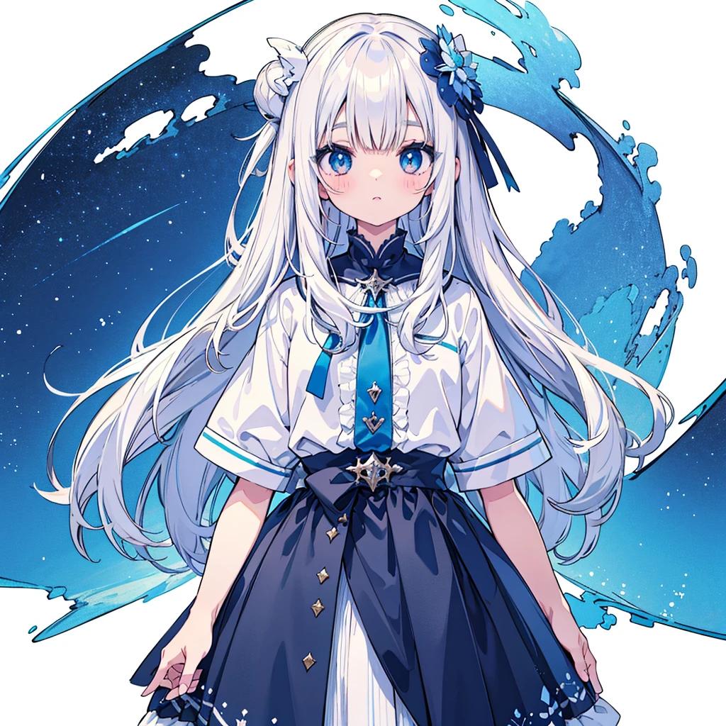 Standing in front of the viewer、vtuber half body、Bangs shorter than eyebrows、Highest quality、Best illustrations、Very detailed、Upper Body、alone、1 Girl、Looking into the camera、upright、Place your arms at your sides、Beautiful attention to detail、Concept Art、from the front、White Background、Simple Background、Droopy and large eyes、Very detailedな眼、Sparkling, shining, white and blue gradient long hair、Short sleeve、water colored pencils、Kind Face、blush、Virtual YouTuber、