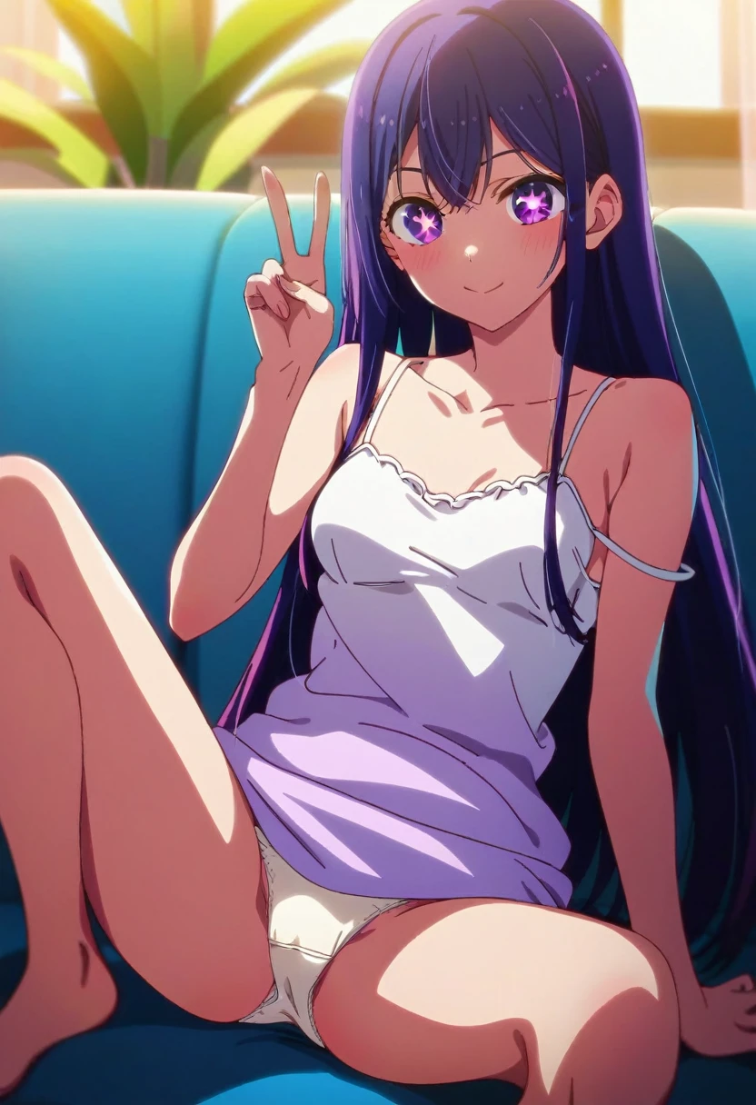 (score_9_up, score_8_up, score_7_up), (masterpiece, best quality, ultra detailed, intricate details, source アニメ, high resolution, smooth lines), hoshino ai, 1girl, 独奏, Purple Hair, Purple eyes, Long Hair, (star-shaped p上ils), アニメ, star eyes, peace fingers, medium breasts, sitting, spread legs, Camisole, panties,