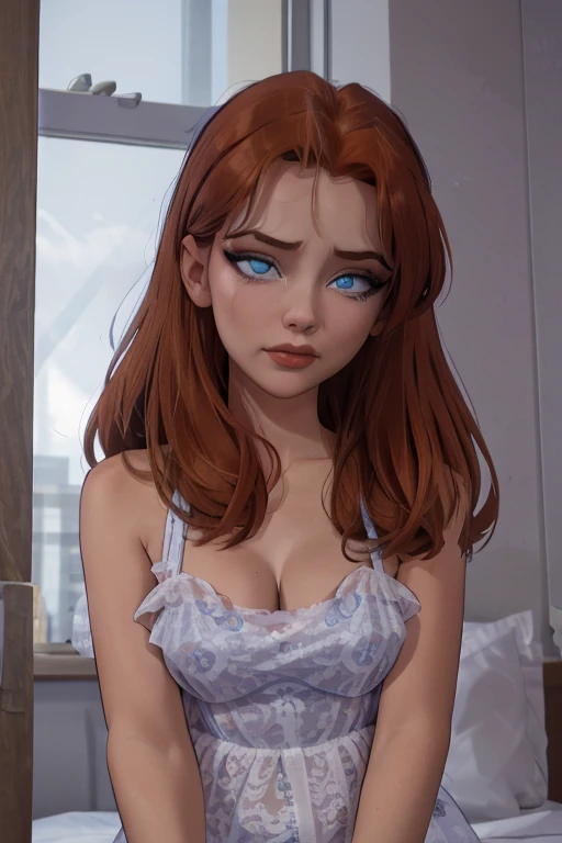 Red hair girl blowjobs deepthroat , runny makeup, in a sheer lace  bodysuit , hard deepthroat, blue eyes, pov firsperson view, dick goes deep throat , rolling eyes, half closed eyes, tears