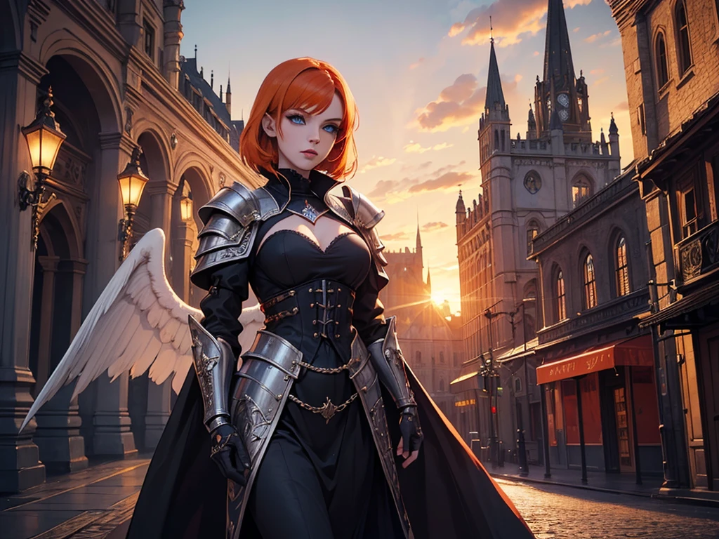 A beautiful and wonderful vampire woman, extremely detailed, short orange hair, wearing extremely detailed gothic armor, blue eyes in medieval public square, palace, crepúsculo, 8k, linda, angel, asas de aço, sacerdotisa, crepúsculo, entardecer, vampira, 