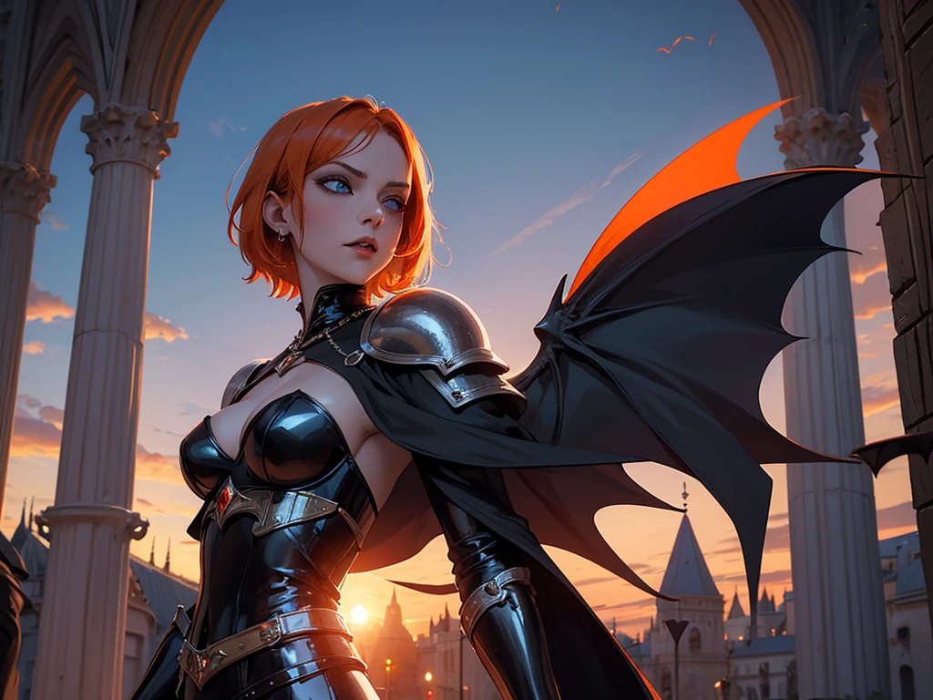 A beautiful and wonderful vampire woman, extremely detailed, short orange hair, wearing extremely detailed gothic armor, blue eyes in medieval public square, palace, crepúsculo, 8k, linda, angel, asas de aço, sacerdotisa, crepúsculo, entardecer, vampira,