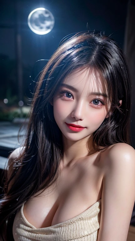 (Logo, masterpiece, 8K, On the table, original photo, wonderful, 最high quality, Realistic and detailed CG composite 8k wallpaper, high quality, Very detailed, Narrative Poems, Particle Effects, dynamic effect, Depth of border, light, lens flare, Ray Tracing), High Detail Skin, (very good, Fine skin texture, Intricate details, Pretty Face, (Realistic face), Realistic eyes, Beautifully detailed eyes, Realistic skin, Beautiful skin, Surreal, Very detailed的黄金比例, Smiling eyes, ((Night moonlight background) )), Body portrait, Large Breasts, Huge breasts, nipples through clothes, Glamorous, Sexy knitted dress, Upper body photo