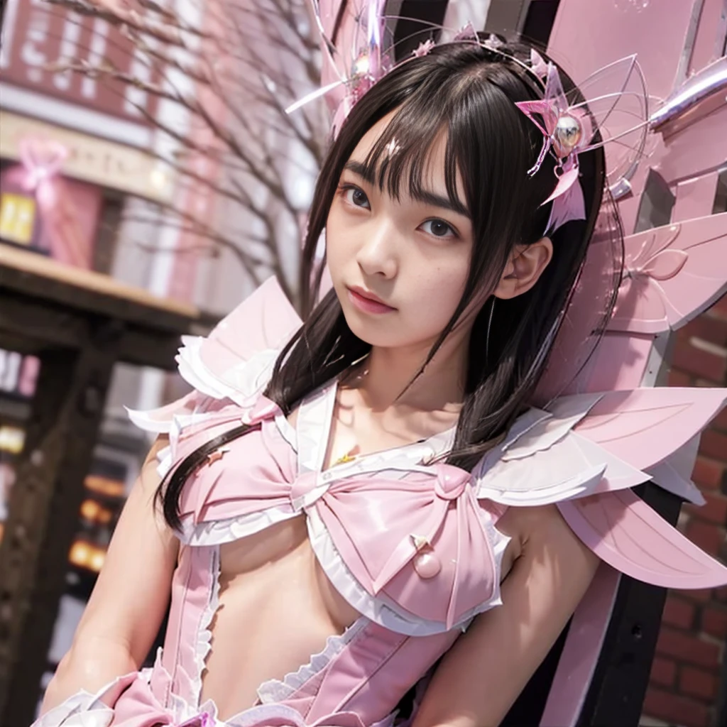 Highest quality, masterpiece, Very detailed, 8K, 14 year old beautiful Japanese woman:1.5, Small face, blunt bangs, Black hair ponytail, ((Woman crucified on the cross:1.5, Breast Augmentation Surgery)), (Detailed pink magical girl heroine costume:1.5), remote_play, remote_Vibrate、　(climax:1.5)、　Very detailedな臭い脇の下