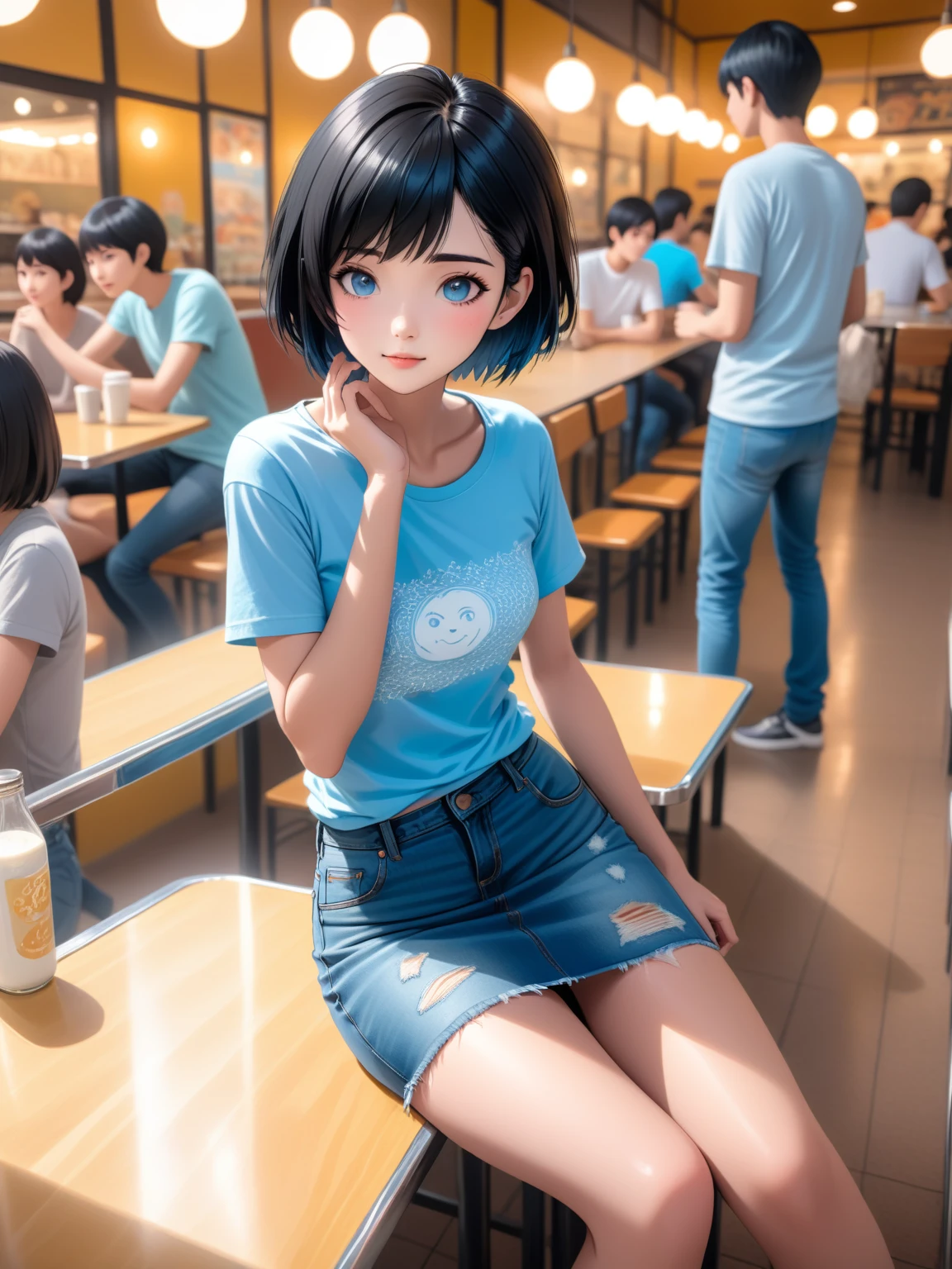 a pretty short black hair young woman in a cafeteria, wearing black t-shirt and light-blue denim pencil skirt, sitting, detailed facial features, intricate clothing textures, warm lighting, realistic japanese anime style, vibrant colors, 8k, highly detailed, masterpiece