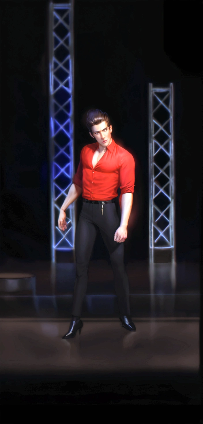 Sexy man in twentys, red button up, silky hair slicked back, silky black pants, stripper, fuck boy, muscular, masculine, masculine energy, handsome, realistic
