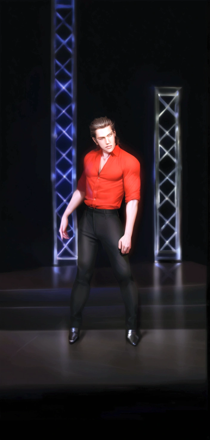 Sexy man in twentys, red button up, silky hair slicked back, silky black pants, stripper, fuck boy, muscular, masculine, masculine energy, handsome, realistic