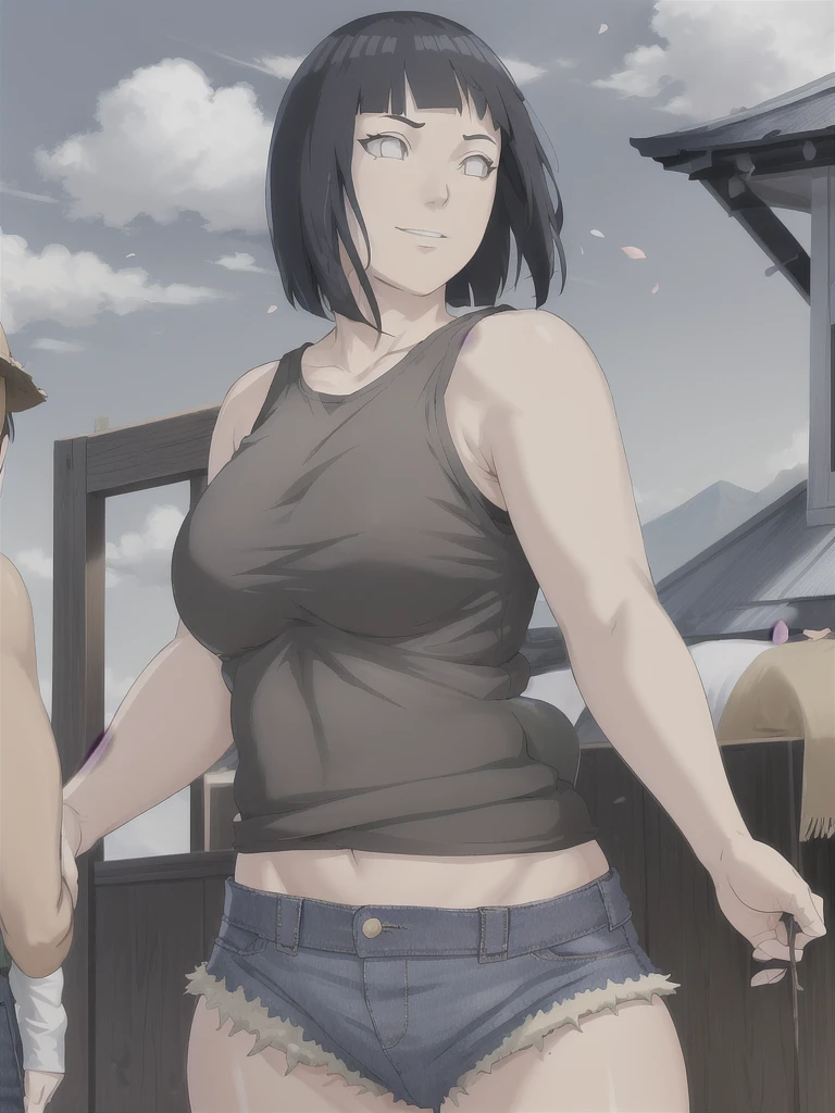 masterpiece, absurdres , (intricate details), (colorful),cinematic lighting,extremely detailed CG unity 8k wallpaper ,hinata\(boruto\), 1milf, mature, short-hair, ((black tank-top),(denim hotpants)), sleeveless, huge breasts,layered sleeves, cowboy shot, looking back, looking at viewer,smile, outdoors, lavender flower field,flower, day, cloudy sky, wind, floating hair, falling petals, anime screencap,