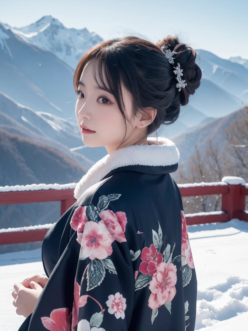 Highest quality, Super detailed, In detail, High resolution, Perfect dynamic composition, Beautiful attention to detail,kimono,Ski,Snow Mountain,winter,Long Updo