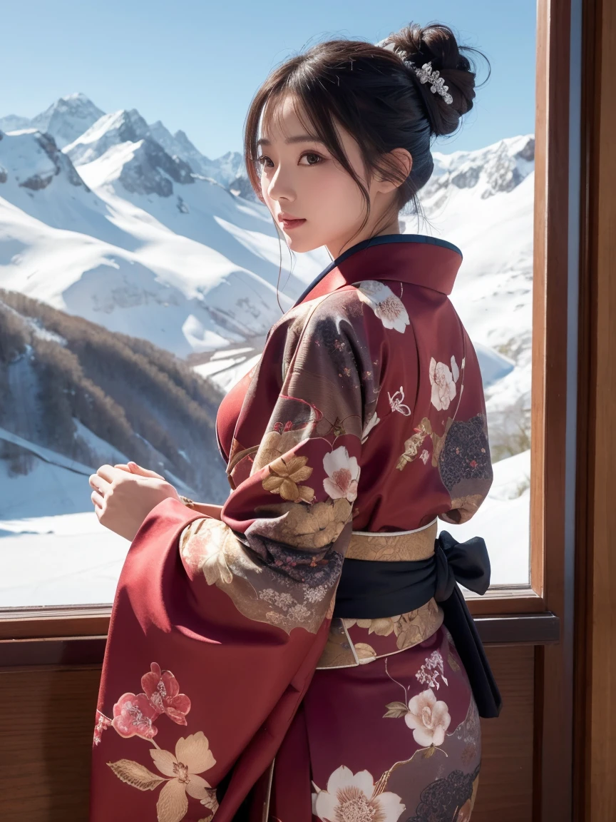 Highest quality, Super detailed, In detail, High resolution, Perfect dynamic composition, Beautiful attention to detail,kimono,Ski,Snow Mountain,winter,Long Updo