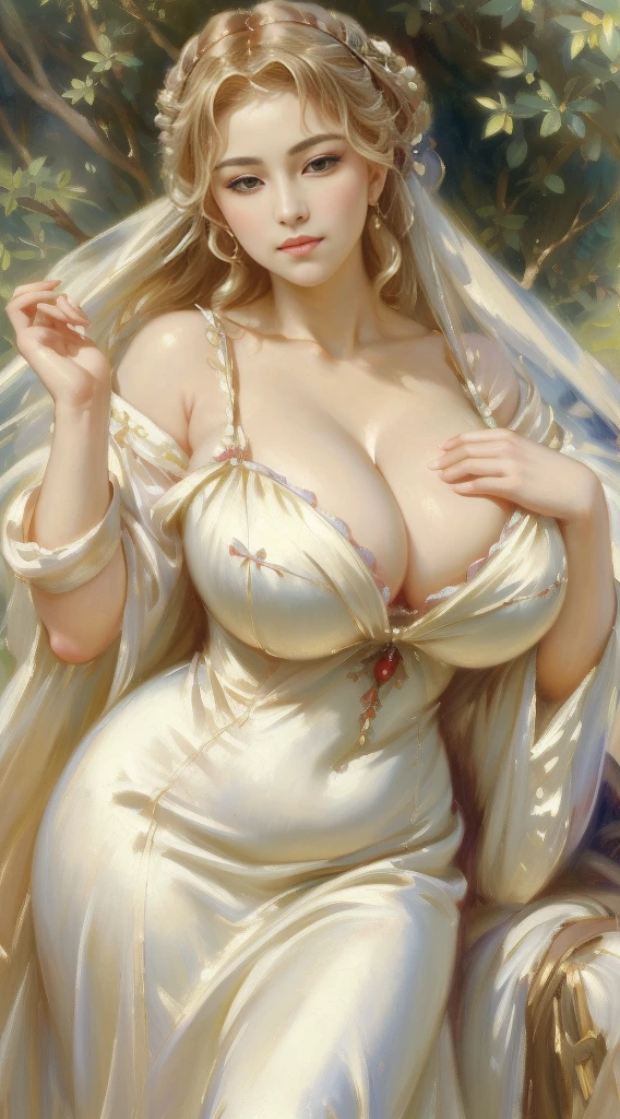 (masterpiece, best quality, ultra high res, beautiful detailed hair detailed face, perfect feminine face), a realistic detailed semirealism painting of a woman with a large breast wearing a white dress, guweiz, seductive anime girl, with a large breasts, artwork in the style of guweiz, beautiful alluring anime woman, with large breasts, guweiz masterpiece, hyperrealistic , big breasts, (huge cleavage:1.2), , sfw huge breasts, hyper realistic anime, really large bust, by alphonse mucha and william-adolphe bouguereau and greg rutkowski and sakimichan and george kamitani, WLOP, Aztodio, Taejune Kim, Pixiv, Instagram, Artstation, sharp focus