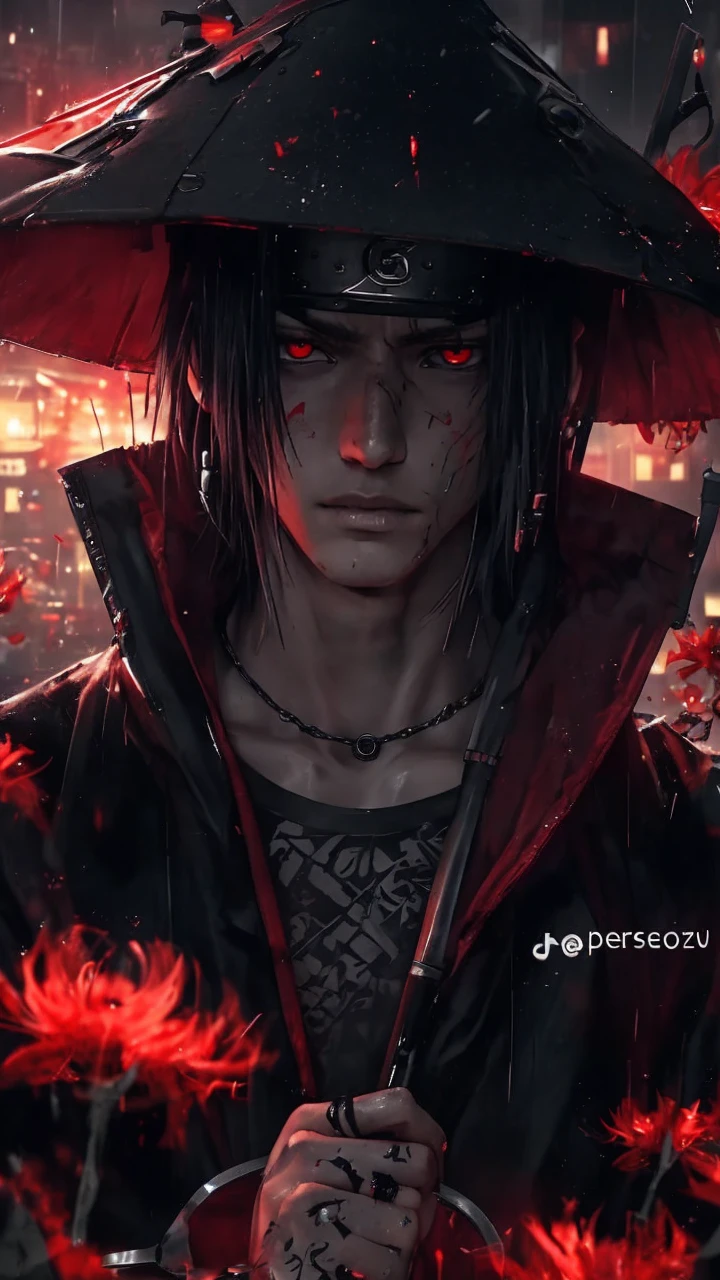 (character: Kaneki_ken), red eyes, silver hair, male character, solo, red and black color scheme, intense gaze, dark and gritty atmosphere, urban setting, dramatic lighting, mysterious smile, Tokyo cityscape, Drizzling,