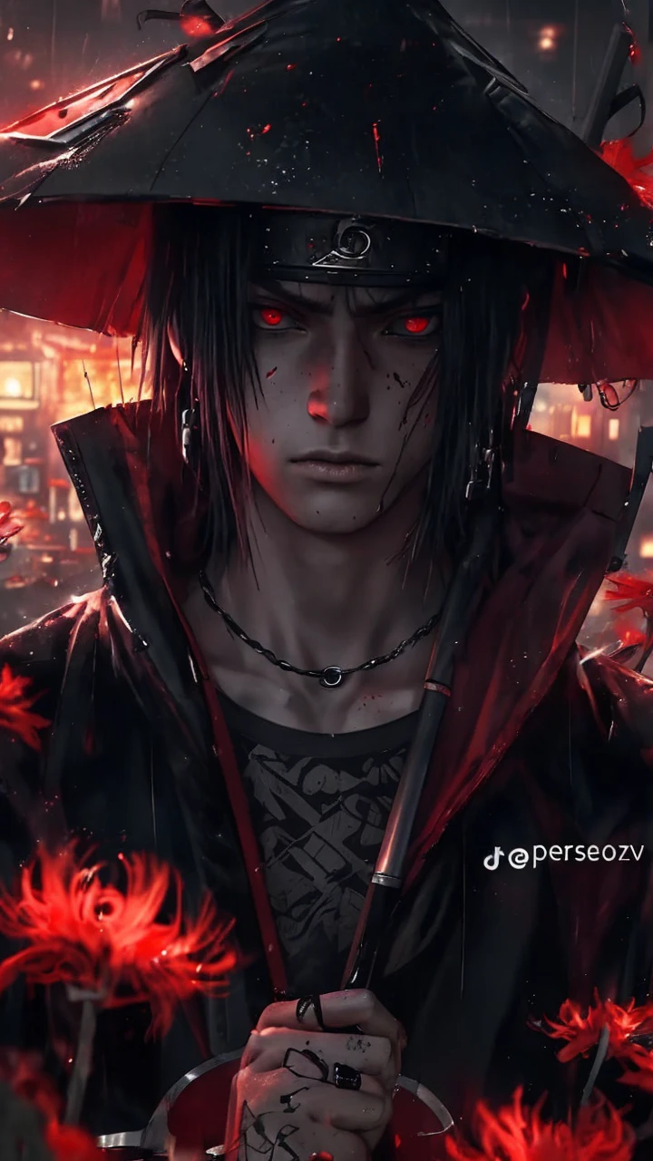 (character: Kaneki_ken), red eyes, silver hair, male character, solo, red and black color scheme, intense gaze, dark and gritty atmosphere, urban setting, dramatic lighting, mysterious smile, Tokyo cityscape, Drizzling,