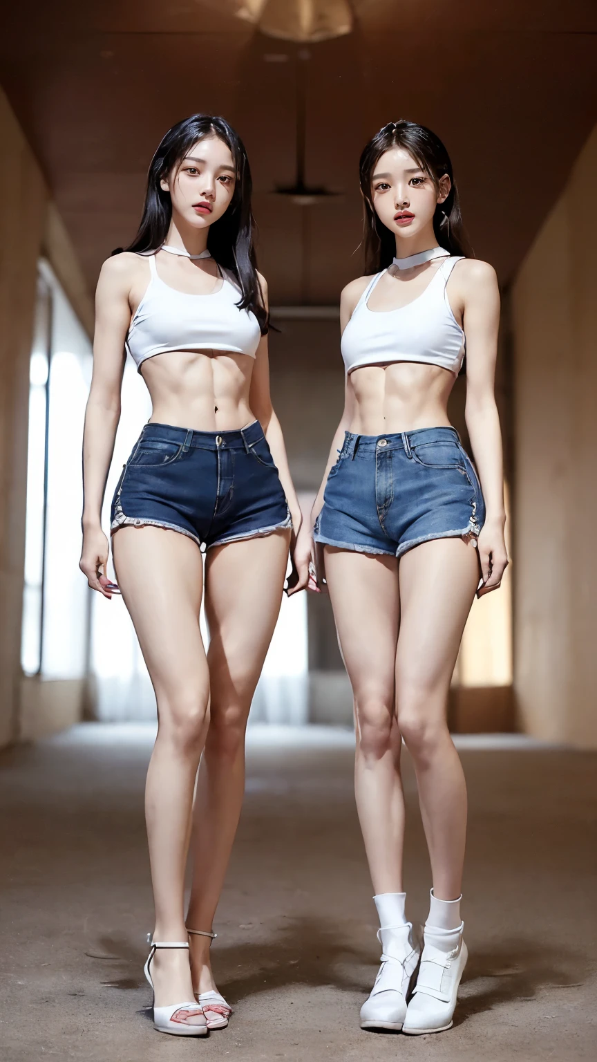 (8K、Raw photo、最high quality、masterpiece:1.5),(((((((Both of them stand with their legs apart:1.9))))))),(((((Both of them have an inseam that is more than half their height.:1.8))))),((Both have bare legs:1.6)),((Both of them are super slim:1.4))，(((((Two girls who look just like WONYOUNG from the k-pop group IVE were photographed:1.9))))),(((They both have super skinny legs:1.6))),(((Both are 173cm tall:1.4))),((Perfect k-pop IVE WONYOUNG style duo:1.4)),(((((Both of them take full body shots:1.8))))),((((Both of you should face your whole body straight ahead.:1.8)))),(((Photographed from below to show the whole body of the legs so that they look longer.:1.7))),Skin irregularities are reproduced in minute detail:1.4, (Super thin waist: 1.2),((超Thin thighs:1.3)), Thin buttocks,Open the navel,１Detailed reproduction of the navel,((Perfect super slim legs:1.3)),(((both of them are the same height:1.3))),(((Both of them have amazingly slim figures.:1.2))),(((Both are wearing micro shorts with a rise of 15cm and an inseam of 1cm.:1.8))),(Both are ************:1.2),((((Both of them are extremely exposed.:1.7)))),(((((Both of them have super-strong abs:1.9))))),((Both of them were wearing short, form-fitting white sports bras.:1.4)),(((Big boobs but no bra:1.4))),(((Both of them had high, erect nipples clearly visible protruding from under their white sports bras.:1.4))),((((Standing in a fashionable theme park on a sunny day:1.4)))),Highly detailed face and skin texture,(Both of you stand with your legs straight and without bending your knees.:1.3),(((They&#39;re both the same height:1.4))),((Both of them look just like WONYOUNG from the K-pop idol IVE.:1.8)), ((((Sunny afternoon:1.3)))),((cute:1.4)),Both are fair-skinned Asians,,Both of them have beautiful eyes,,Both of them have beautiful eyes,,Both of them have beautiful noses, which are realistically reproduced.,Both of them have realistic eyes.,Both have beautiful mouths,((They both have beautiful fingers)),nail,Both of them have beautiful faces.,Both of their beautiful faces are realistically reproduced.,cute,(Ultra-Realistic Details), Natural Shadows,(Very small hips:1.4),Large firm breasts, Super long thighs,(((超Thin thighs:1.2))),(((Super slim calves))),(Both of them have the slender bodies of well-trained track and field athletes.:1.5),(Super muscular body:1.5),Super toned waist,(Super thin waist:1.3),((White high heels:1.2)),lengthen limbs,(((((Shooting the whole body from calf height:1.6))))),(Both of them have slim, toned ankles.:1.2),((((Wide open abdomen:1.5)))),Hands on hips,Both of them face forward,((Both figures have detailed and clear reproduction of the crotch area.)),((Super long legs:1.3)),Thin thighs,((Both of them have bare legs.:1.6)),((Both of them are showing off their legs in a very extreme way.:1.5),((Both of them are showing off their bellies in an extremely extreme way.:1.4),(Black hair ponytail),(Neither of them wears tights or socks.:1.5),((Both of them stand up straight.)),((Keep your hips facing forward:1.5)),2人とも8頭身スタイルBeauty,The ankles are super thin,The arms are very thin and muscular,Make your arms thinner,(((Clearly reproduces the skin texture of the legs down to the finest detail))),Faithfully reproducing the fingers of the hand,(Both of them have super long legs.),(Accurate reproduction of each finger:1.3),(((Each toe is accurately reproduced:1.2))),The middle of the thighs are very thin,(((Clearly reproduces the muscle texture of ultra-muscular and ultra-thin calf skin))),(((超筋肉質な超Thin thighsの肌の筋肉質感を明確に再現する))),(Very tight waist:1.2),((Both of them have an inseam that is more than half their height.の美脚:1.6)),(Extremely thin thighs:1.3),Beauty,Fine skin,Firm skin,(((Both of them should fit from the top of their heads to the toes of their heels.:1.5))),(((They both have super skinny legsの肌を細部まで忠実に再現する))),(Both of them are super muscular and have super thin legs with realistic skin.:1.3),((Realistically reproduces the fine details of toned, slender leg skin:1.3)),((Dazzling Midsummer)),(((Both of them have super-strong quadriceps:1.6))),(((Both of them have extremely well-trained gastrocnemius and soleus muscles.:1.6))),((2人とも超細くてSuper long legs:1.2)),Front lighting,Super detailed, High detail, high quality, Awards,High resolution,(Anatomically correct:1.5)