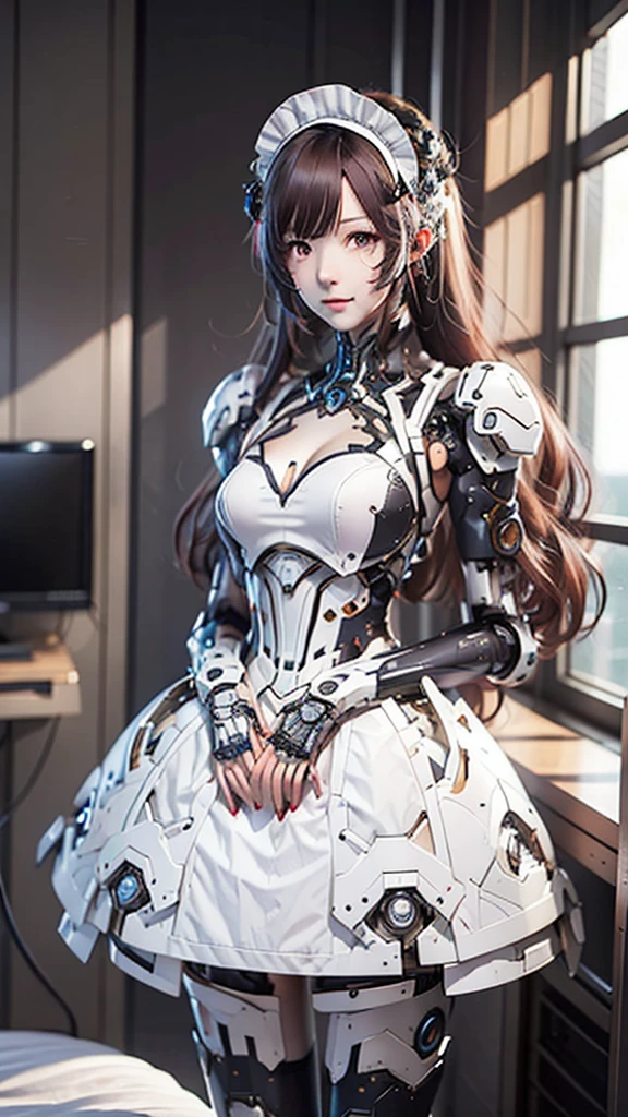 Very detailed, Advanced Details, high quality, 最high quality, High resolution, 1080P, HD, 4K,  beautiful,(Machine),beautiful cyborg mixed maid female, Mecha Cyborg Girl,Mecha Body Girl,She is wearing a futuristic mech, victorian maid dress, from the front, From the skirt up,A cute room for children, bed room, bed,