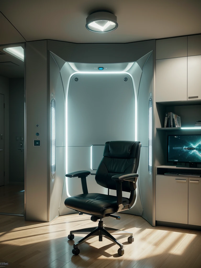 there is a computer desk with a monitor and a chair in front of it, futuristic interior, futuristic room, retro futuristic apartment, futuristic room background, futuristic looking living room, futuristic architectural art, desktopography, sci - fi interior, detailed futuristic architecture, gorgeous 3d render, origami studio 3 design, rendered in lumion pro, stunning 3 d render