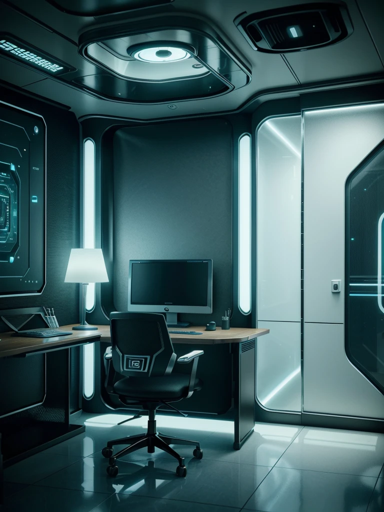 there is a computer desk with a monitor and a chair in front of it, futuristic interior, futuristic room, retro futuristic apartment, futuristic room background, futuristic looking living room, futuristic architectural art, desktopography, sci - fi interior, detailed futuristic architecture, gorgeous 3d render, origami studio 3 design, rendered in lumion pro, stunning 3 d render