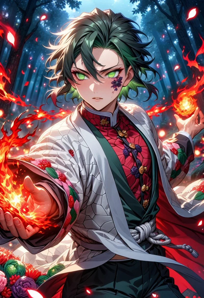 Ultra detailed, highres, absurdres, HDR, master piece, Saisei uchida, dark green hair, expressive golden eyes with white small pupil, white haori with patters of demonic, black kimuno with dark flower patterns, Kimetsu No Yaiba, fantasy, petals, red flowers, handsome, sexy man using blood demon aet, solo, magic, shining red fireflies, red moon, best quality, extremely detailed face and eyes, fire, forest