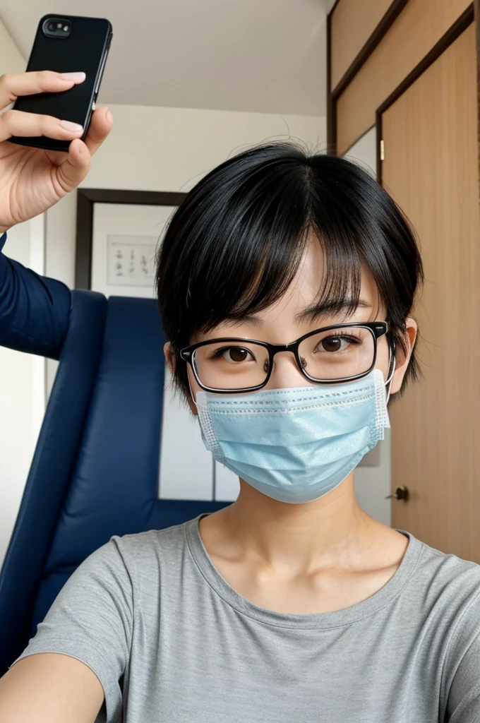 Japanese girl with short hair, glasses and face masks taking a selfie