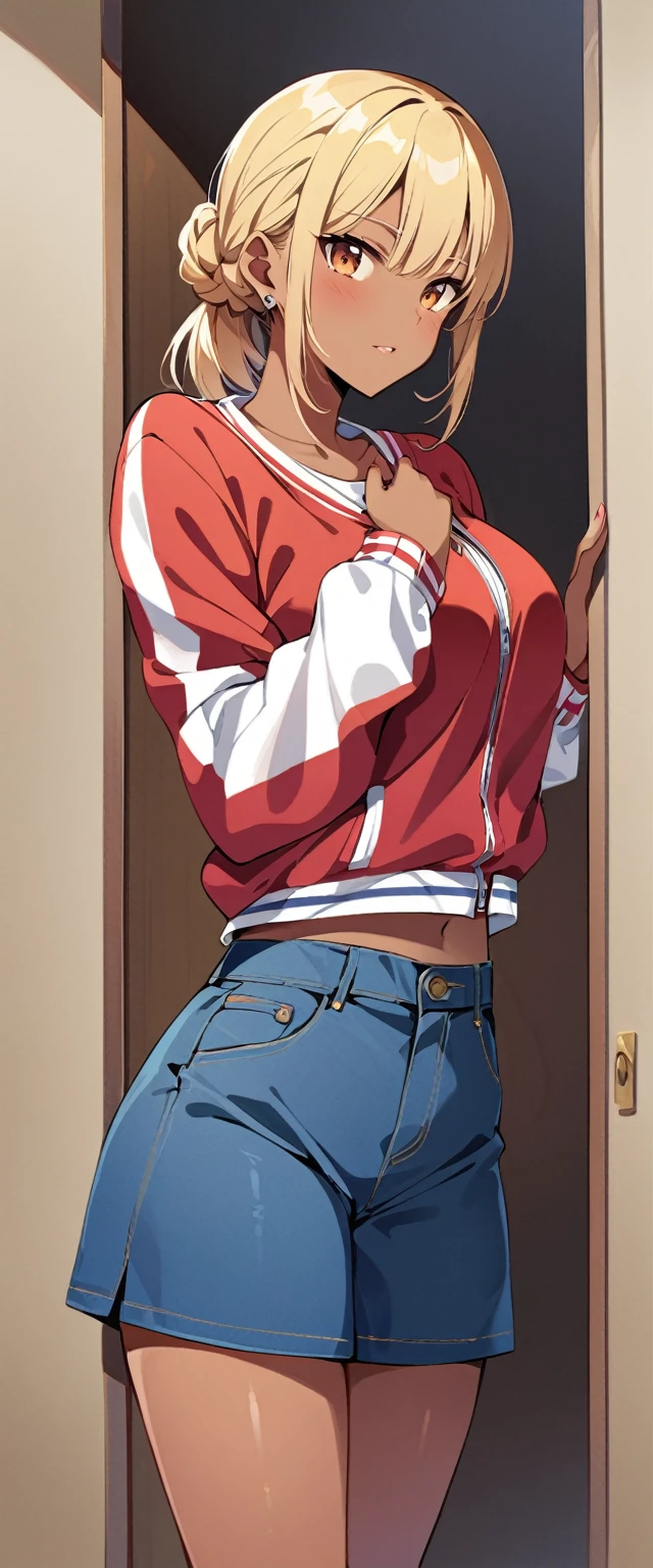 (1 person、high school girl、Tan Skin、Brown skin、Earrings、Change of clothes、cap、Sukajan、shirt、satin bra、Satin Panties)、(Hairstyle:french braid、Blonde)、locker room
