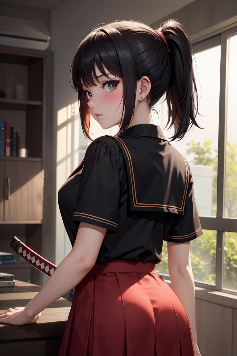 ((masterpiece, best quality, highres, UHD, perfect pixel, depth of field, 4k, RTX, HDR))), 1girl, single, solo, beautiful anime girl, beautiful artstyle, anime character, ((short hair, black hair :0.8)), ((detailed face, blushing:1.2)), 4K Wallpapaer, Ultra detailed, anime scenery, cyberpunk, anime girl, school girl, katana on her back, looking back, ponytail,