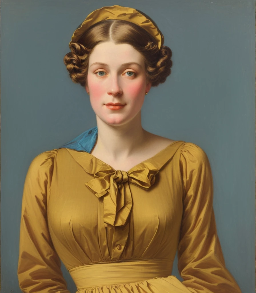 há uma mulher com bobes na cabeça e um vestido, inspirado em Jean-Étienne Liotard, inspirado em Cindy Sherman, retrato sem nudez vestido, retrato no estilo craola, inspirado em Henry Raeburn, no estilo de Norman Rockwell, inspirado por Henriette Wyeth, retrato da parte superior do corpo, inspirado em Constance Gordon-Cumming